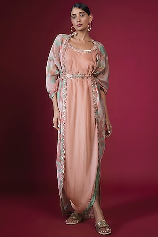 Peach Satin Abstract Leaf Printed Cowl Jacket Dress by PITARA BY SIPIKA CHAWLA
