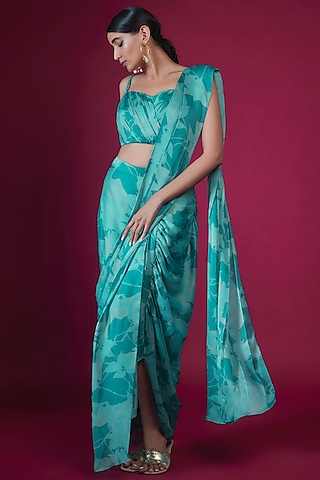 Blue Crepe Abstract Printed Cowl Dhoti Saree Set by PITARA BY SIPIKA CHAWLA