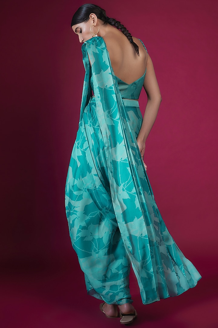 Blue Crepe Abstract Printed Cowl Dhoti Party Wear Saree Set by PITARA BY SIPIKA CHAWLA at Pernia's Pop Up Shop