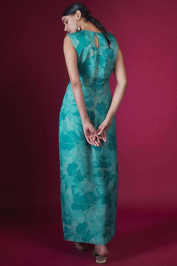 Blue Crepe Leaf Printed Cowl Vacation Dress by PITARA BY SIPIKA CHAWLA at Pernia's Pop Up Shop