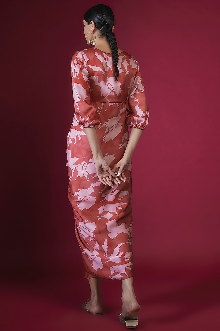Maroon Satin Chiffon Leaf Printed Cowl Draped Summer Dress by PITARA BY SIPIKA CHAWLA at Pernia's Pop Up Shop