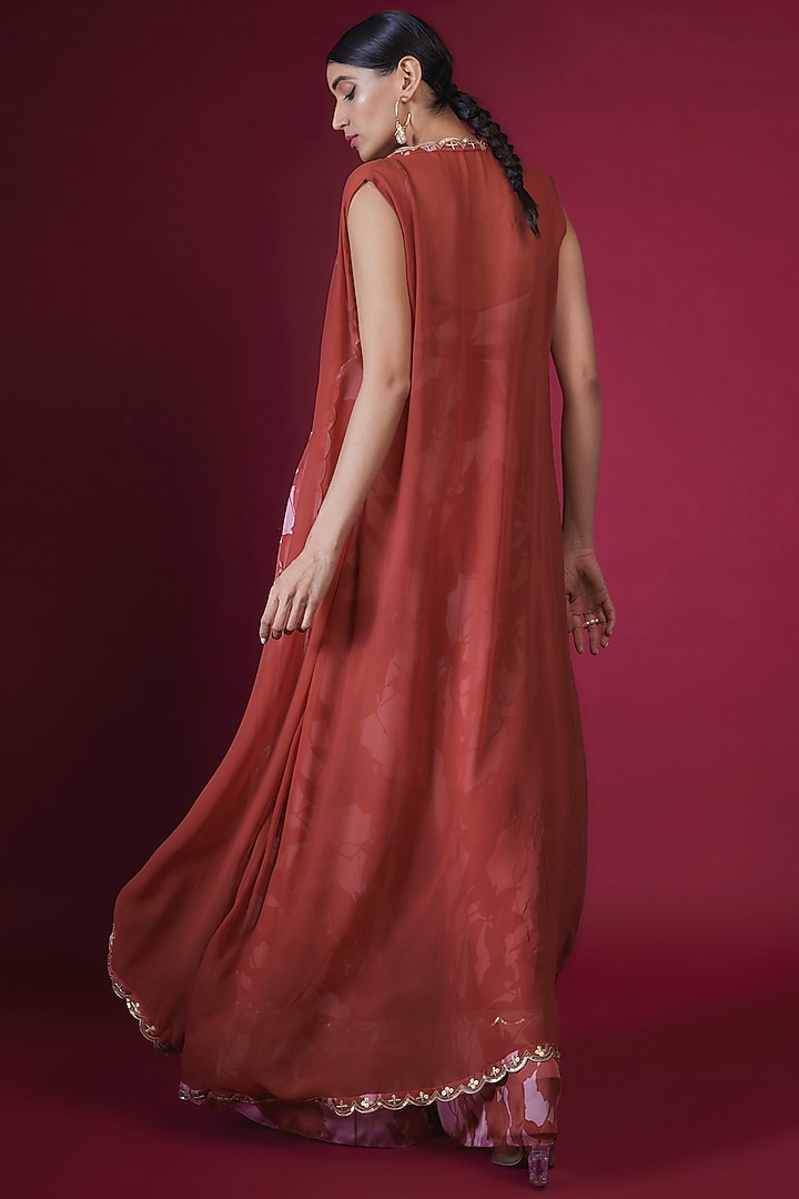 Maroon Satin Chiffon Leaf Printed Gathered Jumpsuit With Jacket by PITARA BY SIPIKA CHAWLA at Pernia's Pop Up Shop