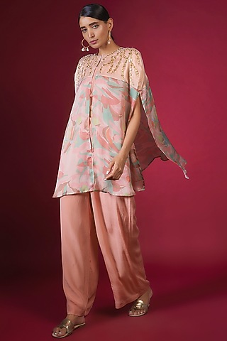 Peach Satin Chiffon & Crepe Abstract Leaf Printed Cape Set by PITARA BY SIPIKA CHAWLA