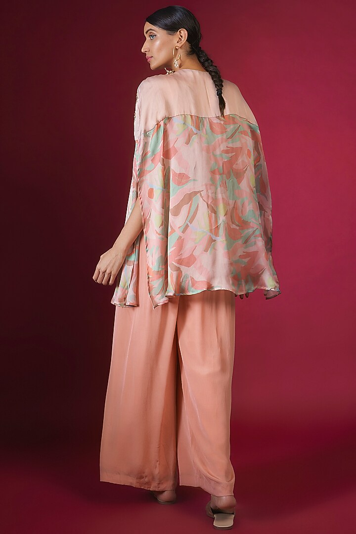 Peach Satin Chiffon & Crepe Abstract Leaf Printed Cape Set by PITARA BY SIPIKA CHAWLA at Pernia's Pop Up Shop