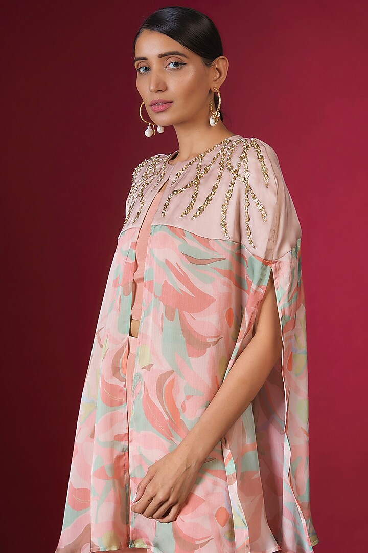 Peach Satin Chiffon & Crepe Abstract Leaf Printed Cape Set by PITARA BY SIPIKA CHAWLA at Pernia's Pop Up Shop
