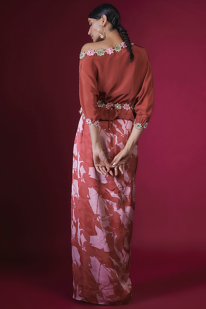 Rust Satin Chiffon & Crepe Leaf Printed Cowl Dhoti Set by PITARA BY SIPIKA CHAWLA at Pernia's Pop Up Shop