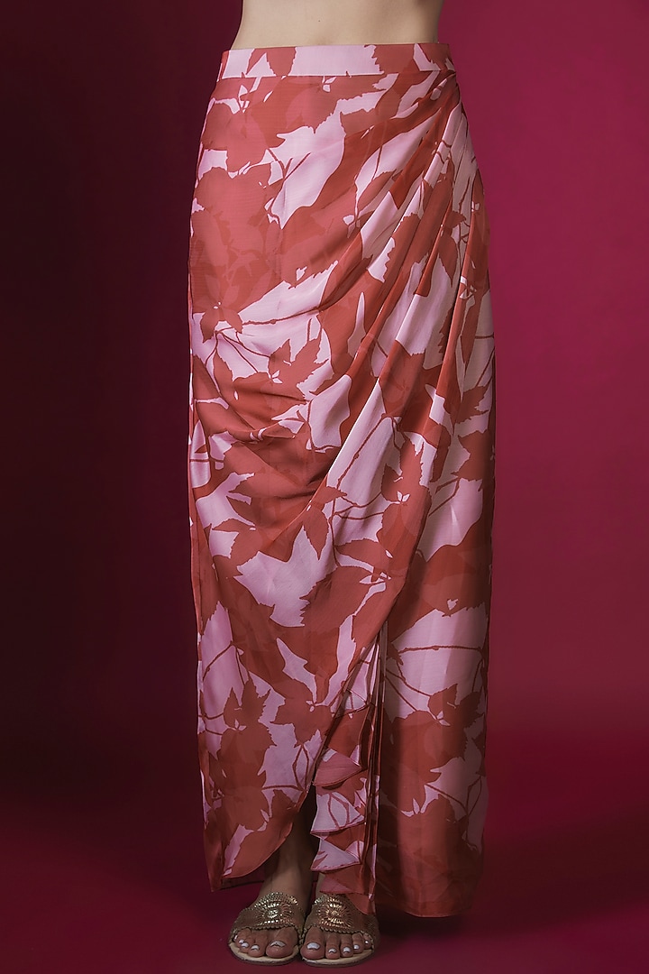 Rust Satin Chiffon & Crepe Leaf Printed Cowl Dhoti Set by PITARA BY SIPIKA CHAWLA at Pernia's Pop Up Shop