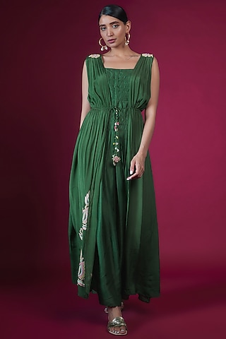 Green Churo Silk Thread Embroidered A-line Jacket Dress by PITARA BY SIPIKA CHAWLA