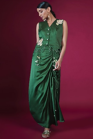 Green Satin Gathered Dhoti Set by PITARA BY SIPIKA CHAWLA
