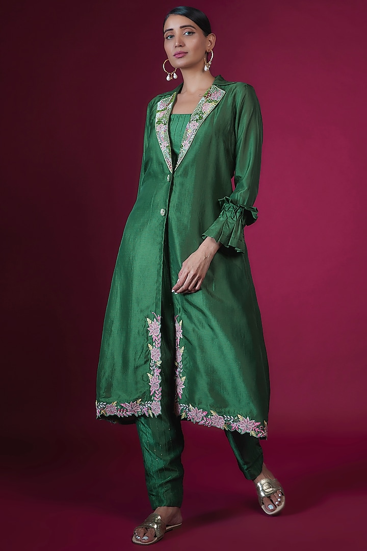 Green Churo Silk Thread Work Jacket Set by PITARA BY SIPIKA CHAWLA