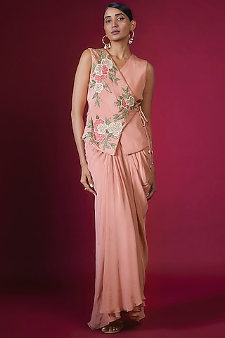 Peach Cotton Satin Dhoti Set by PITARA BY SIPIKA CHAWLA