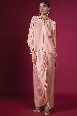 Peach Cotton Satin Overlap Dhoti Set by PITARA BY SIPIKA CHAWLA