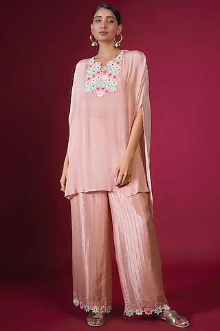 Peach Crepe Handwork Cape Set by PITARA BY SIPIKA CHAWLA