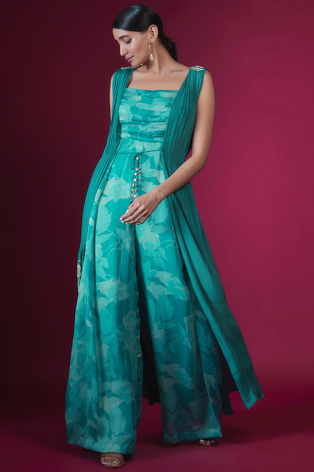 Blue Satin Chiffon Crepe Printed Jumpsuit With Jacket by PITARA BY SIPIKA CHAWLA at Pernia's Pop Up Shop