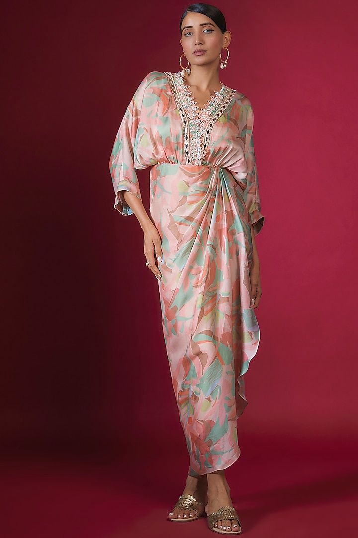 Peach Satin Chiffon Abstract Printed Overlap Draped Dress by PITARA BY SIPIKA CHAWLA