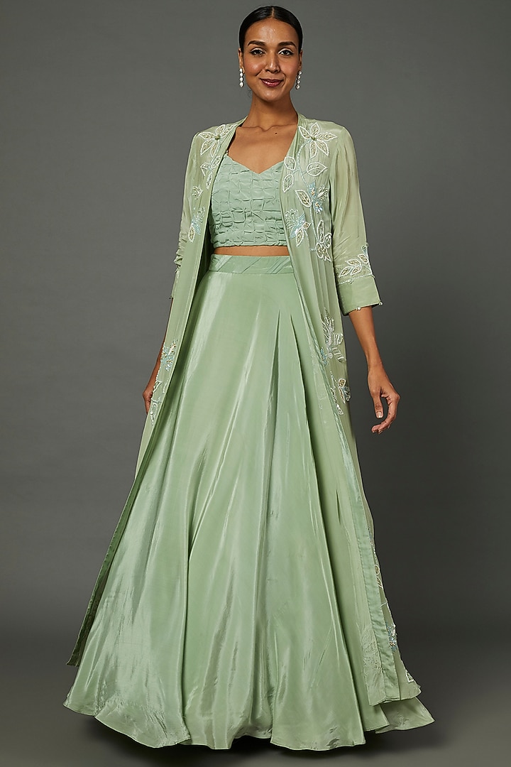 Mint Green Crepe Jacket Wedding Lehenga Set by PITARA BY SIPIKA CHAWLA at Pernia's Pop Up Shop