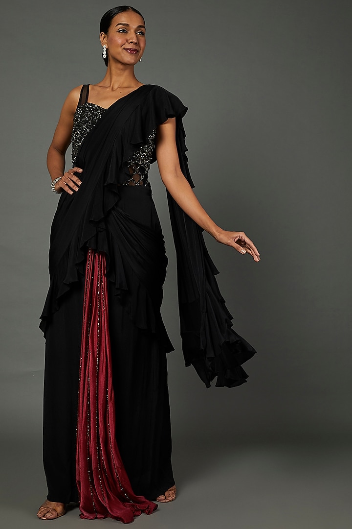 Black Satin Chiffon Ruffled Gown Saree by PITARA BY SIPIKA CHAWLA