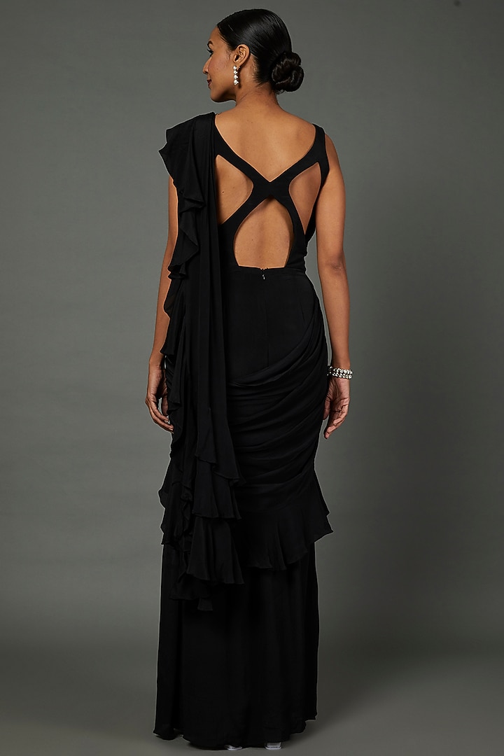 Black Satin Chiffon Ruffled Wedding Gown Saree by PITARA BY SIPIKA CHAWLA at Pernia's Pop Up Shop
