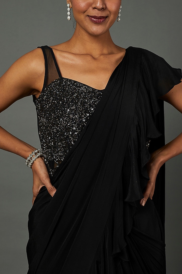 Black Satin Chiffon Ruffled Wedding Gown Saree by PITARA BY SIPIKA CHAWLA at Pernia's Pop Up Shop
