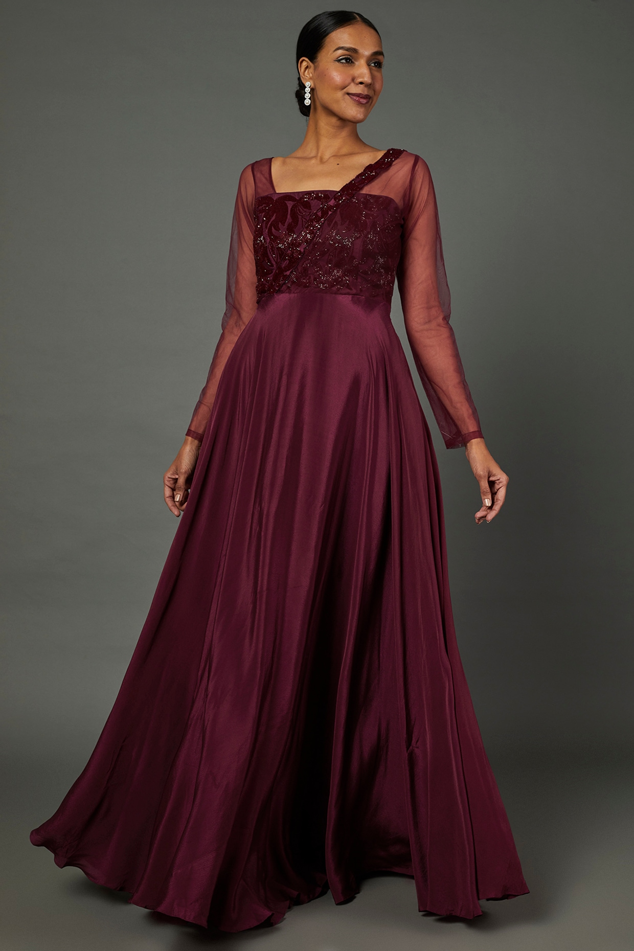Simple And Elegant Striking Maroon Tapeta Silk Floor Length Long Designer  Gown