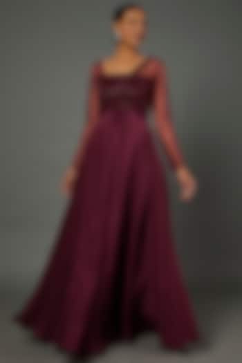 Maroon Crepe & Net One-Shoulder Draped Gown by PITARA BY SIPIKA CHAWLA