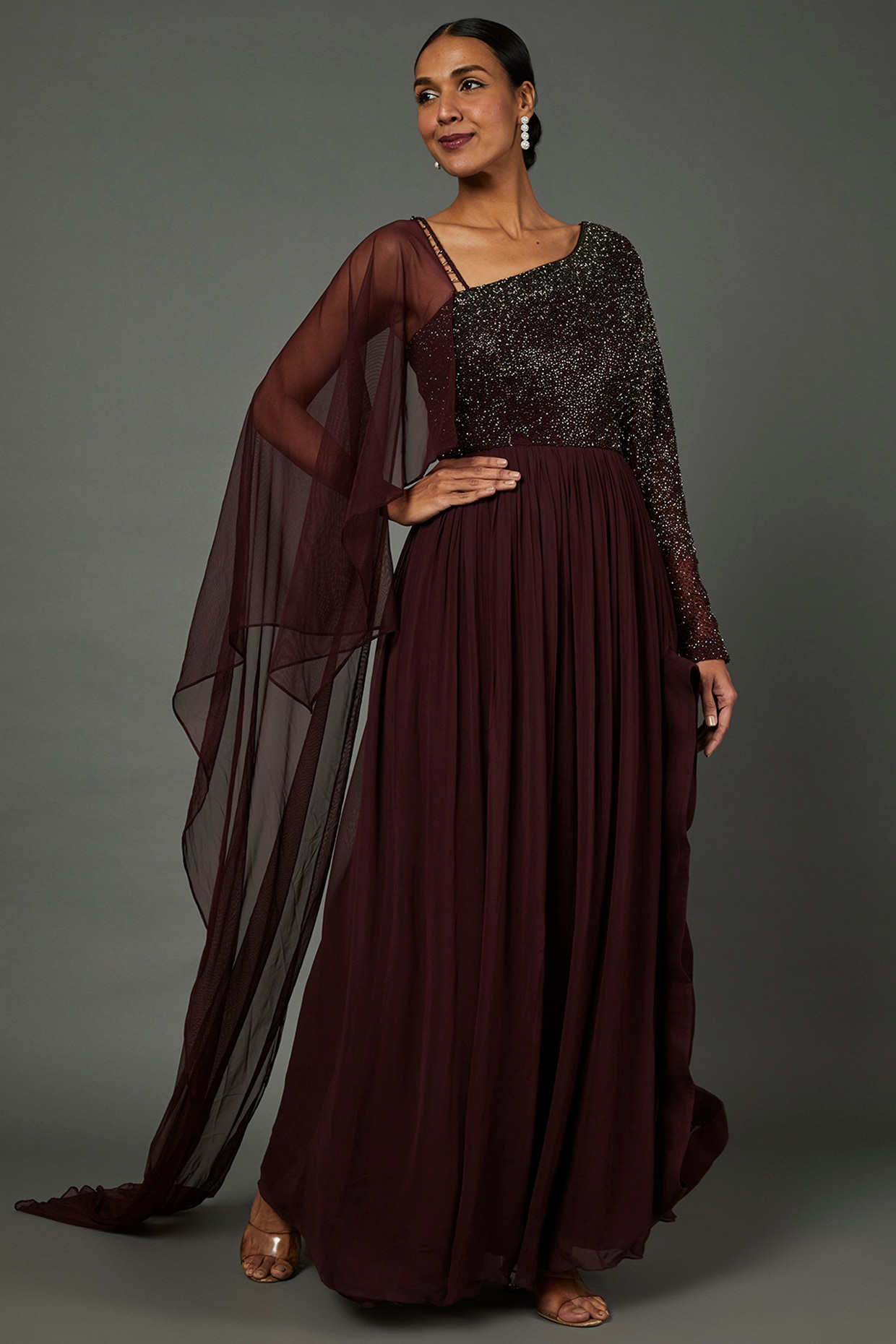 Dark Maroon And Cream Long Fancy Gown at Rs 2100 in Surat | ID: 14123541830