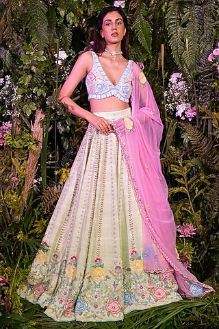 Mint Green Raw Silk Sequins Embellished Lehenga Set by Peach It Up By Samridhi