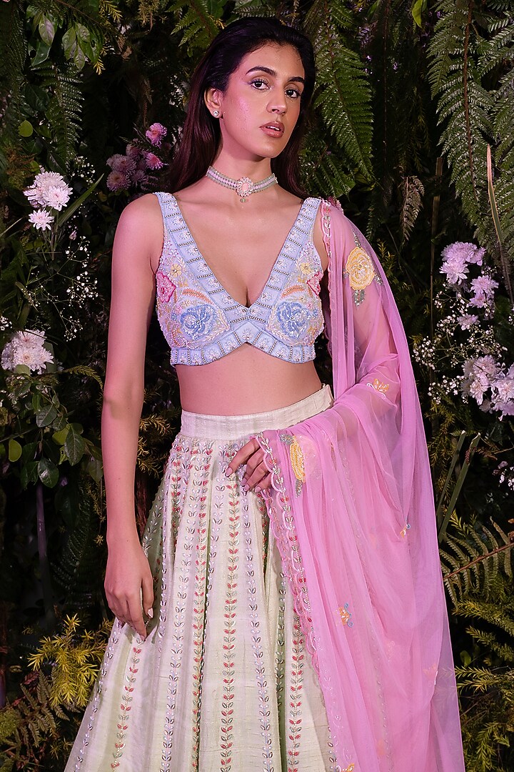 Mint Green Raw Silk Sequins Embellished Bridal Lehenga Set by Peach It Up By Samridhi at Pernia's Pop Up Shop