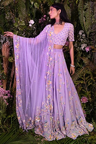 Lavender Chanderi Sequins & Floral Embroidered Lehenga Set by Peach It Up By Samridhi