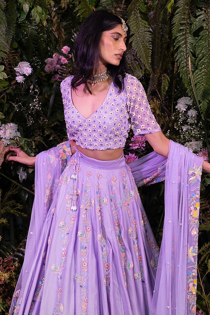Lavender Chanderi Sequins & Floral Embroidered Bridal Lehenga Set by Peach It Up By Samridhi at Pernia's Pop Up Shop
