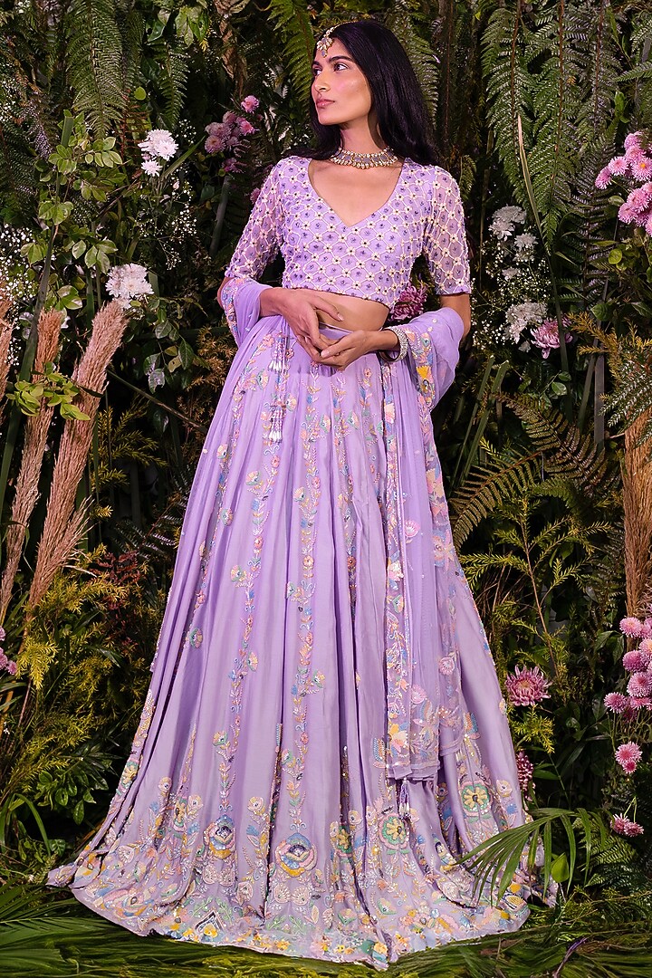 Lavender Chanderi Sequins & Floral Embroidered Bridal Lehenga Set by Peach It Up By Samridhi at Pernia's Pop Up Shop