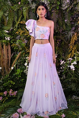 Lavender Tulle Floral Motif Work Lehenga Set by Peach It Up By Samridhi