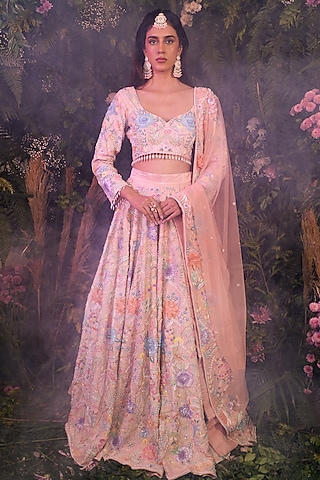 Peach Raw Silk Floral Work Lehenga Set by Peach It Up By Samridhi