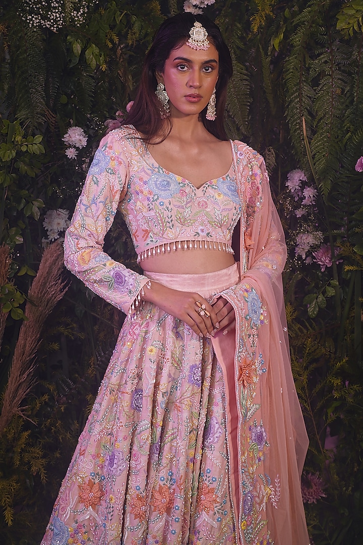 Peach Raw Silk Floral Work Bridal Lehenga Set by Peach It Up By Samridhi at Pernia's Pop Up Shop