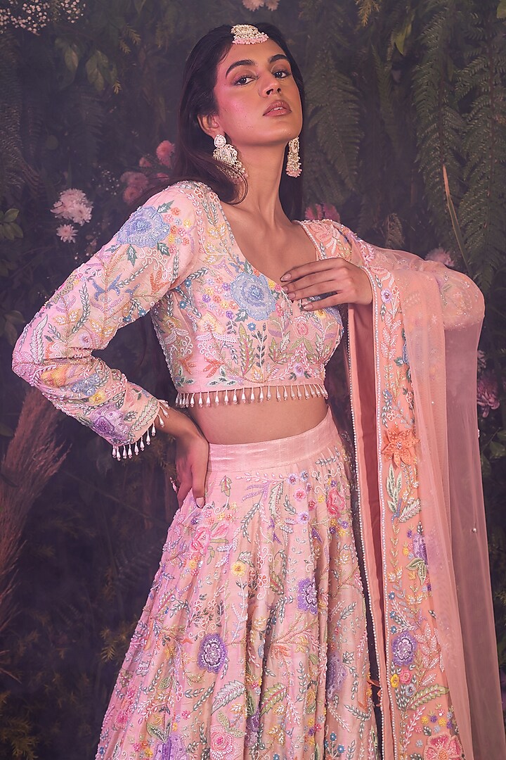 Peach Raw Silk Floral Work Bridal Lehenga Set by Peach It Up By Samridhi at Pernia's Pop Up Shop