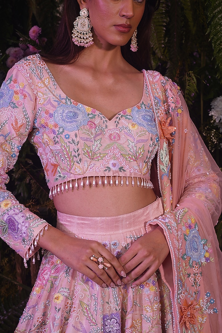 Peach Raw Silk Floral Work Bridal Lehenga Set by Peach It Up By Samridhi at Pernia's Pop Up Shop