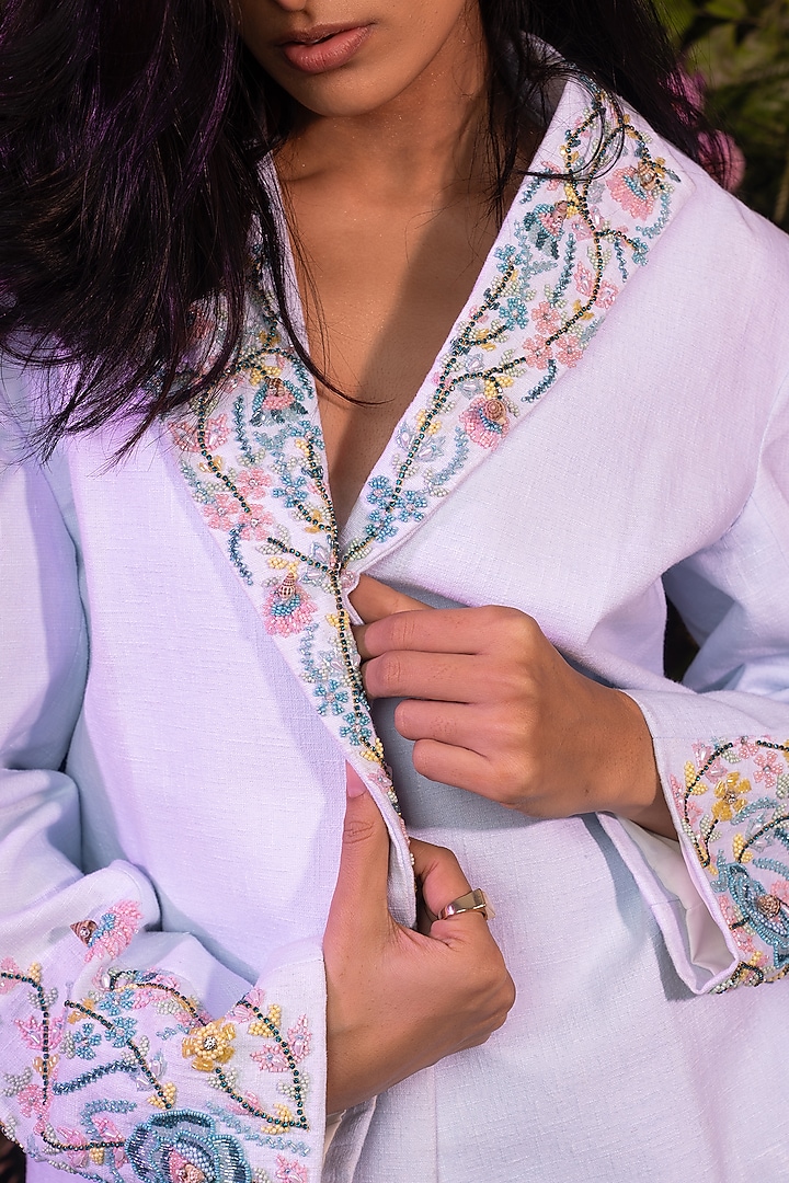 Powder Blue Cotton Linen Floral Embroidered Jacket Set by Peach It Up By Samridhi at Pernia's Pop Up Shop