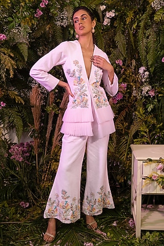 Soft Pink Cotton Linen Floral Embroidered Frilled Jacket Set by Peach It Up By Samridhi