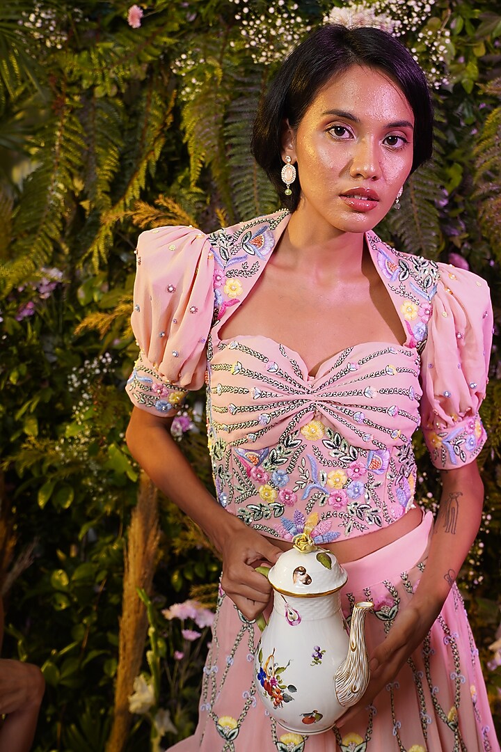 Victorian Peach Georgette Floral Embroidered Wedding Lehenga Set by Peach It Up By Samridhi at Pernia's Pop Up Shop