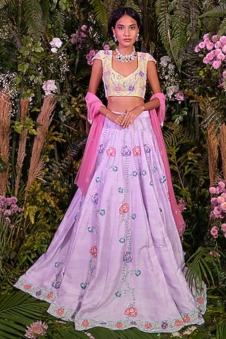 Lavender Raw Silk Floral Embroidered Lehenga Set by Peach It Up By Samridhi
