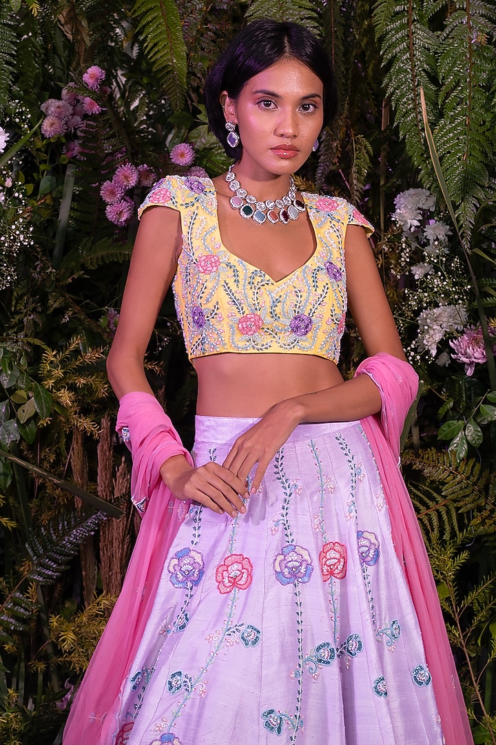 Lavender Raw Silk Floral Embroidered Bridal Lehenga Set by Peach It Up By Samridhi at Pernia's Pop Up Shop