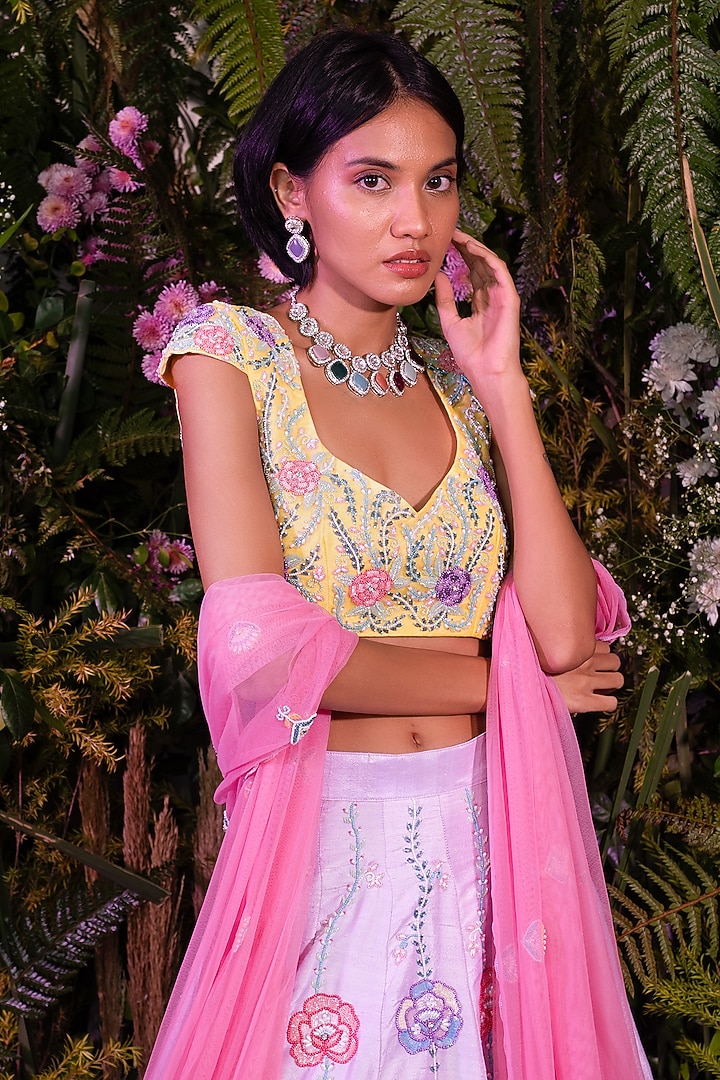 Lavender Raw Silk Floral Embroidered Bridal Lehenga Set by Peach It Up By Samridhi at Pernia's Pop Up Shop