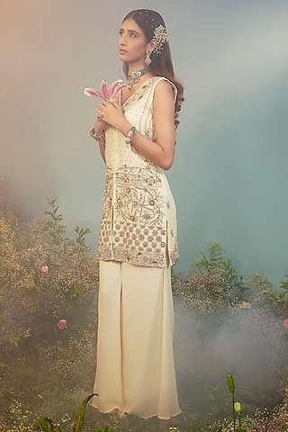 Ivory Georgette Palazzo Pant Set by Peach It Up By Samridhi