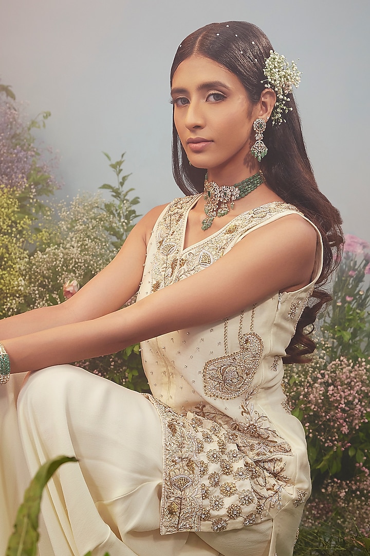 Ivory Georgette Palazzo Pant Set by Peach It Up By Samridhi at Pernia's Pop Up Shop