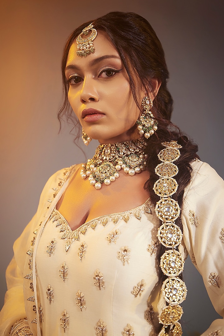 Ivory Chanderi Zari Work Bridal Anarkali Set by Peach It Up By Samridhi at Pernia's Pop Up Shop