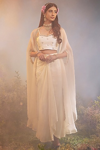 Ivory Chanderi Draped Skirt Set by Peach It Up By Samridhi