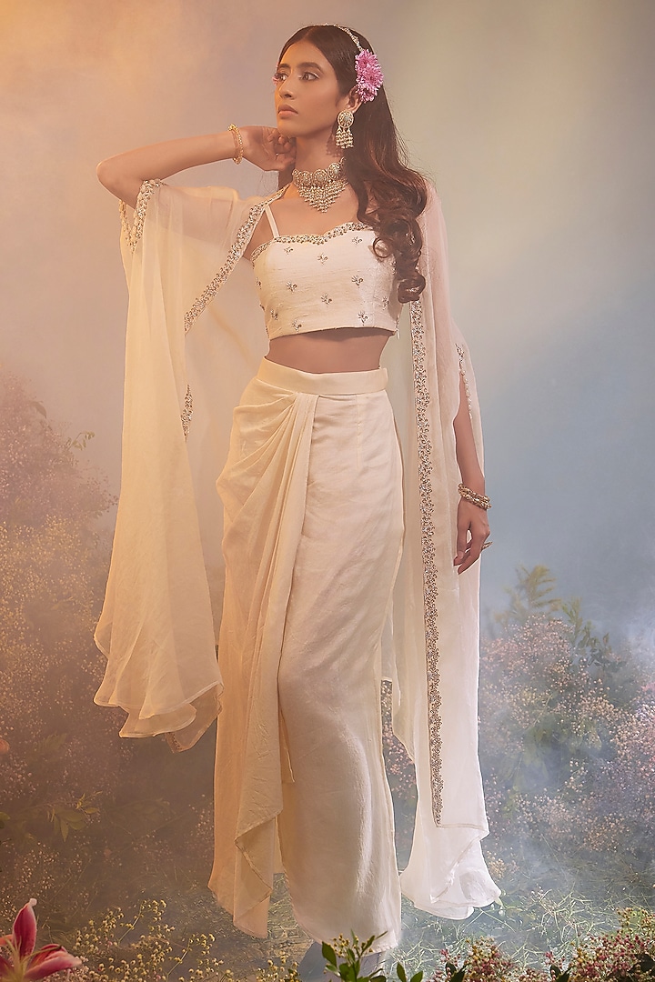 Ivory Chanderi Draped Skirt Set by Peach It Up By Samridhi at Pernia's Pop Up Shop