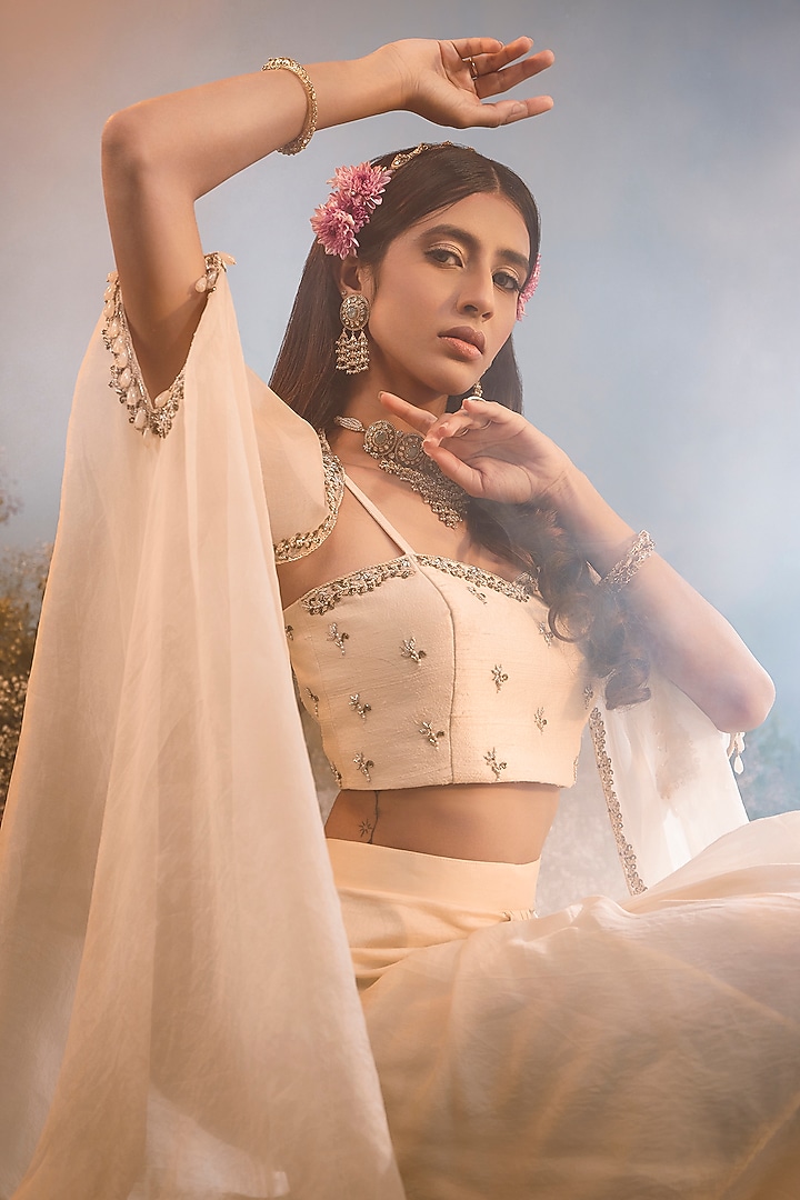 Ivory Chanderi Draped Skirt Set by Peach It Up By Samridhi at Pernia's Pop Up Shop