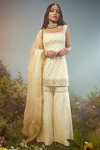 Ivory Chanderi Zardosi Embroidered Gharara Set by Peach It Up By Samridhi