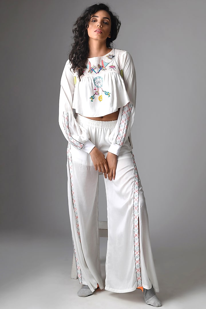 Off-White Hand Embroidered Pant Set by Pieux